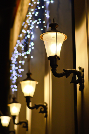 lantern, city lamp and festive blue garlandの写真素材