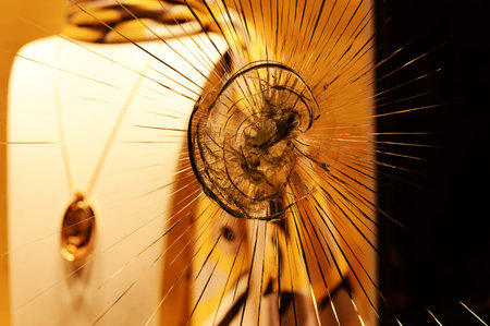 close-up of a broken window after an attack by vandals with blurred background and cracked glass...
