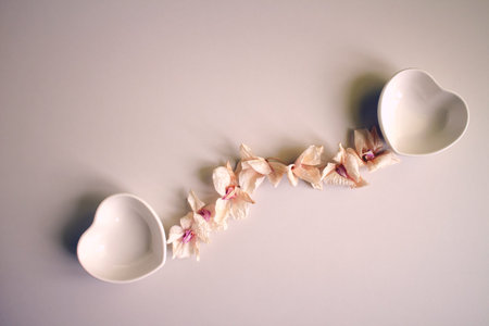 two ceramic heart-shaped bowls, dried phalaenopsis petals, abstractly arranged dry orchid flowers for a festive romantic design in light pink for a wedding, Valentine's Day, top viewの写真素材