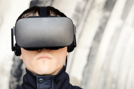 close up portrait of a serious young man with vr glasses, virtual reality world, surveillance and...