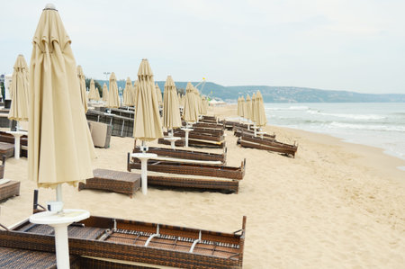 Empty beach during the outbreak of virus and air pollution, the concept of the spread of coronavirus...