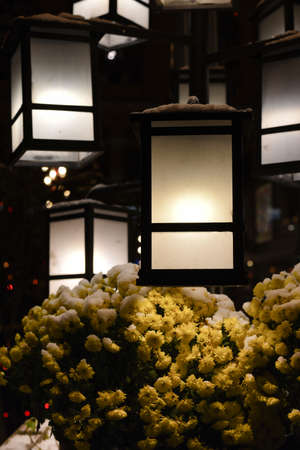 city lanterns light, night after a snowfall on Christmas and New Year's Eve, romantic background on a holidays and love themeの写真素材
