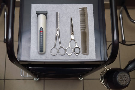 top view of hairdressing tools prepared for a haircut