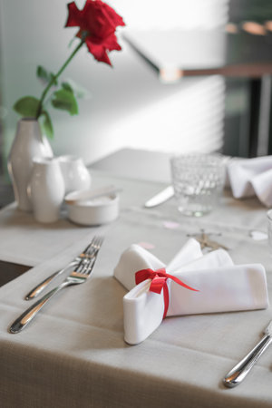 Table setting and decoration in restaurant for lunches, dinners and events.の写真素材