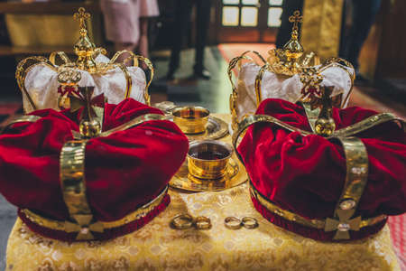 Church ordinance orthodox and wedding, church wedding, religious of a child in church, icons, Orthodox church, candles, interior of the Orthodox Church, bible, fontの写真素材