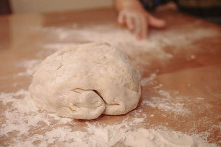 Woman sculpts homemade dumplings bear ears in the kitchen. Modeling dumplings closeup. Female hands sculpt dumplings.の写真素材