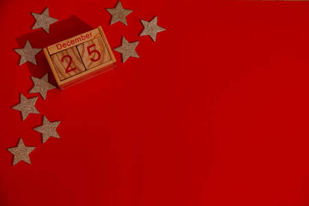 Christmas holidays composition on red background with copy space for your text, Flatlay on red backgroundの写真素材