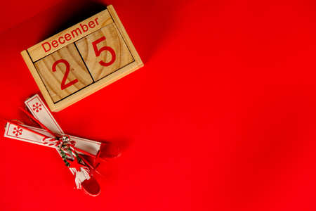 Christmas holidays composition on red background with copy space for your text, Flatlay on red backgroundの写真素材