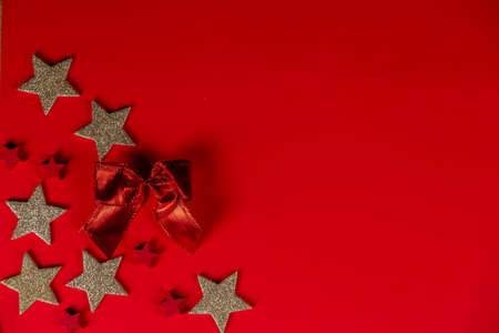 Christmas holidays composition on red background with copy space for your text, Flatlay on red backgroundの写真素材
