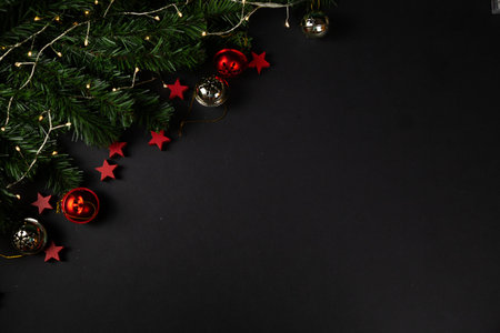 Christmas background concept. red stars on black background, christmas decor, flatlay.