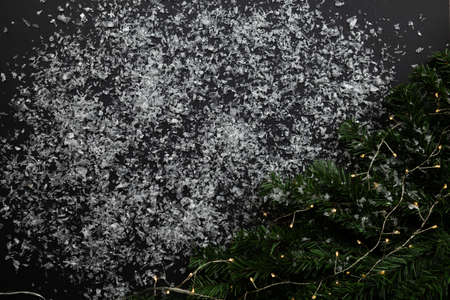 Christmas background concept. red stars on black background, christmas decor, flatlay.の写真素材