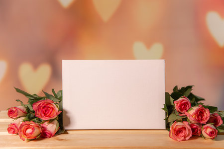 Pink roses on a wooden background, white place for text, easel, pink background for the holiday of February 14 or March 8, Valentines Dayの写真素材