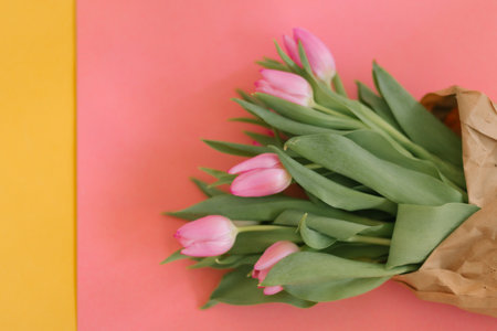 Tulips on pink and yellow for a Womens Day, Mother Day, 8 march or Valentines day. Close-up. The concept of holidays and good morning wishes.の写真素材