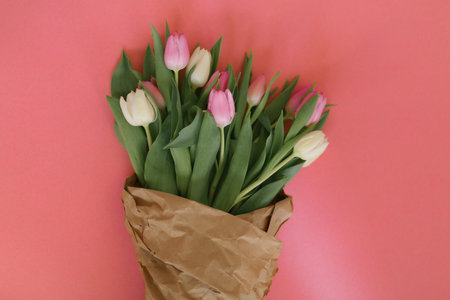 Tulips on a pink background for a Womens Day, Mother Day, 8 march or Valentines day. Close-up. The concept of holidays and good morning wishes.の写真素材