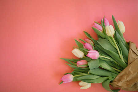 Tulips on a pink background for a Womens Day, Mother Day, 8 march or Valentines day. Close-up. The concept of holidays and good morning wishes.の写真素材