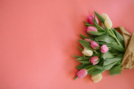 Tulips on a pink background for a Womens Day, Mother Day, 8 march or Valentines day. Close-up. The concept of holidays and good morning wishes.の写真素材