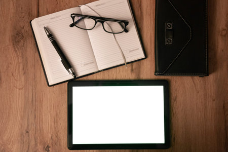 Mobile phone and notebook on wooden table, Realistic smartphone mockup, work from home, home office,...