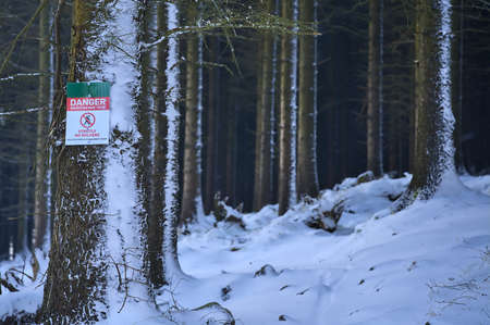 Beautiful view of forest danger sign mountain bike trail strictly no walkers on fir tree trunk in amazing winter snowy Ticknock Forest National Park, Co. Dublin, Ireland. Unusual Irish winterの写真素材