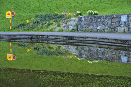 Beautiful closeup view of orange water lifesaver rings, daffodil flowers and lawn reflecting in pond water at Blackrock Park, Dublin, Irelandの写真素材
