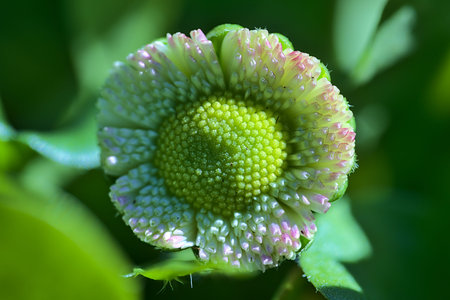 Beautiful closeup centered view of spring yellow stigma of single young common daisy (Bellis...