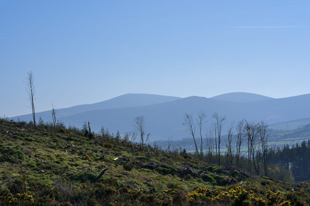 Beautiful bright view of Wicklow Mountains seen from Ballycorus lead mining tower on sunny day...