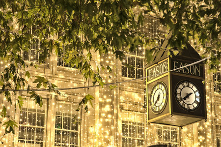 Dublin, Ireland - November 13. 2021: Beautiful closeup view of festive Christmas lights on building of Eason by O'Connell GPO in the evening. Place for romantic meeting in Dublinのeditorial素材