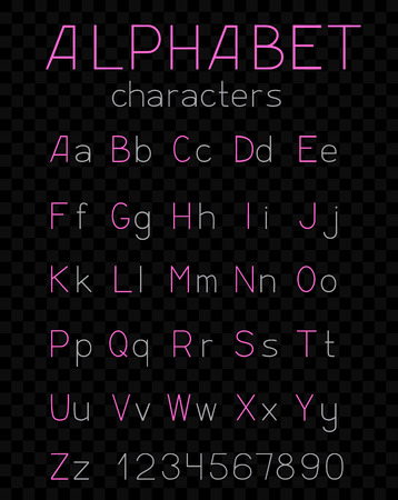 Alphabet font characters simple vector on a dark black background. Abc letters and numbers different colors. Printed symbol writing text collectionのイラスト素材