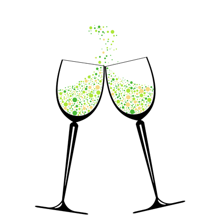 Two glasses with colorful confetti . Festive beautiful set of a wineglass. Nice holiday card for enamored . Vector Illustrationのイラスト素材