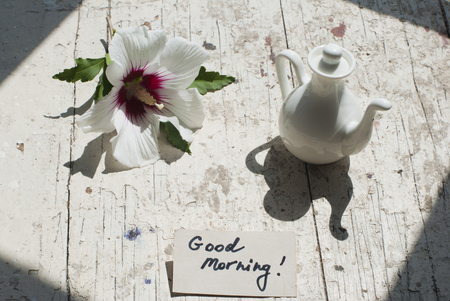 Pictures of sunny summer morning with beautiful flower, delicious turkish coffee on a rusted old table with decorations.の写真素材