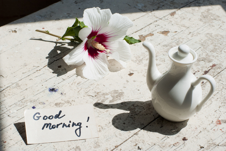 Pictures of sunny summer morning with beautiful flower, delicious turkish coffee on a rusted old table with decorations.の写真素材