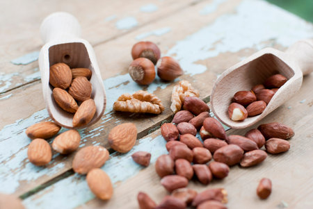 Diifferent nuts, including walnuts, hazelnuts, almond and peanuts