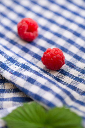 raspberries, summer taste on a blue striped tea towel