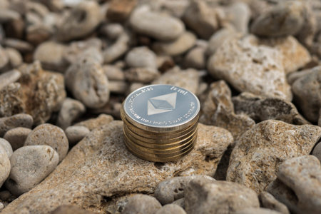 ethereum Cryptocurrency. e-currency. sea. summer beach. sea stones