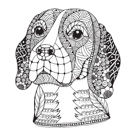 Beagle dog head stylized, illustration, freehand pencil, hand drawn, pattern. Zen art. Print for t-shirts and coloring books.のイラスト素材