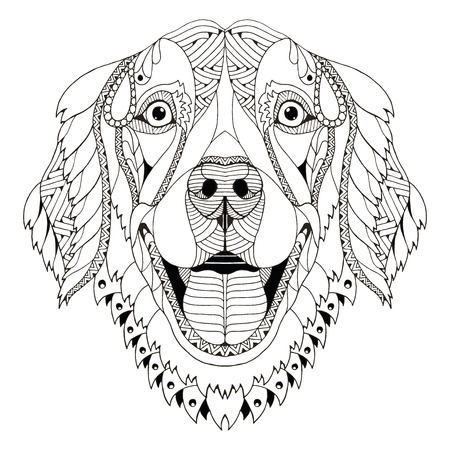 Golden retriever dog zentangle stylized head, freehand pencil, hand drawn, pattern. Zen art. Ornate vector. Print for t-shirts.のイラスト素材