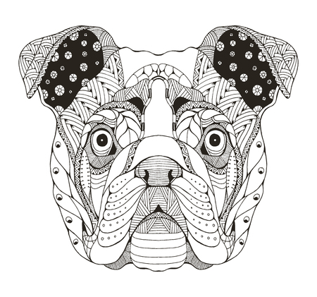 English bulldog head zentangle stylized, vector, illustration, freehand pencil, hand drawn, pattern. Zen art. Ornate vector. Lace. Print for t-shirts and coloring books.のイラスト素材