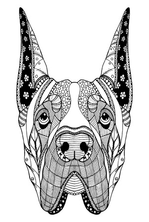 Great Dane dog zentangle stylized head, freehand pencil, hand drawn, pattern. Zen art. Ornate vector. Coloring. Print for t-shirts.のイラスト素材
