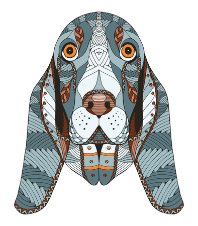 Basset hound head zentangle stylized, vector, illustration, freehand pencil, hand drawn, pattern. Zen art. Ornate vector. Lace. Color. Print for t-shirts.のイラスト素材