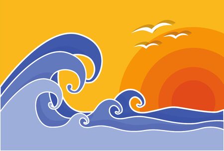 Big waves with sun and seagulls, vector, illustration. Summer. Print for postcards.のイラスト素材