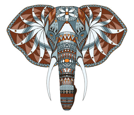 Elephant head zentangle stylized, vector, illustration, freehand pencil, hand drawn, pattern. Zen art. Ornate vector. Lace. Color. Print for t-shirts.のイラスト素材