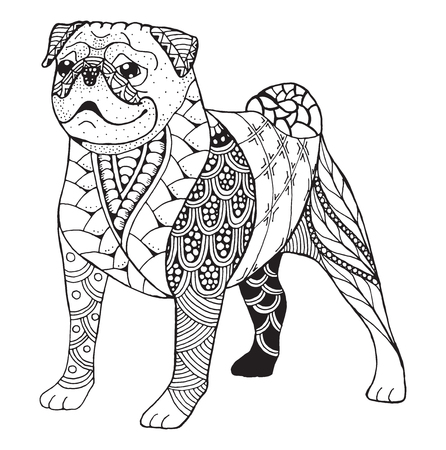 Pug dog zentangle doodle stylized, vector, illustration, freehand pencil, hand drawn, pattern. Print for T-shirts and coloring books for adult.のイラスト素材