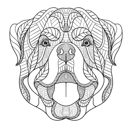 Rottweiler dog , doodle stylized head, hand drawn, pattern. Zen art. Ornate vector. Black and white illustration on white background. Print for t-shirts and coloring books.のイラスト素材