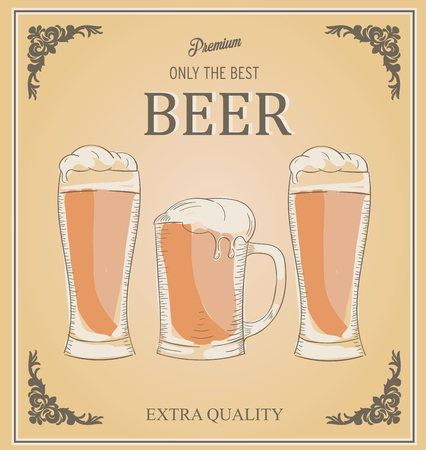Vector illustration of three glasses full of beer. Words Premium, only the best beer and extra quality. Retro and vintage. Print for posters.のイラスト素材