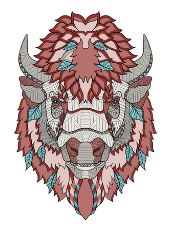 American buffalo head zentangle stylized, vector, illustration, hand drawn, pattern. Zen art. Ornate vector. Color illustration on white background. Print for t-shirt.のイラスト素材