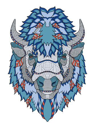 American buffalo head zentangle stylized, vector, illustration, hand drawn, pattern. Zen art. Ornate vector. Color illustration on white background. Print for t-shirt.のイラスト素材