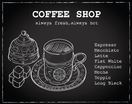 Vector illustration, cup of turkish coffee and turkish delight. Words coffee shop, always fresh and always hot. Retro and vintage poster. Print for posters.のイラスト素材