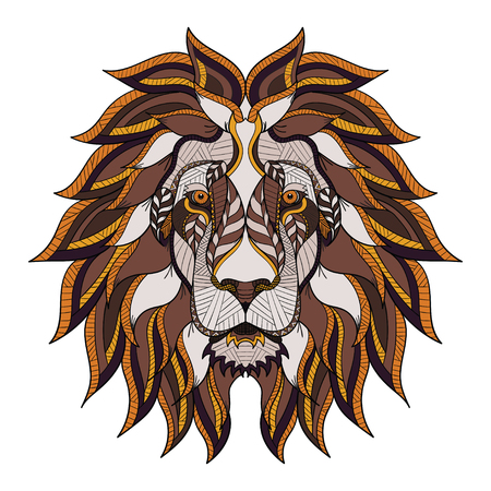 Lion head zentangle, doodle stylized, vector, illustration, hand drawn, pattern. Zen art. Color illustration on white background. Line art. Print for t-shirts.のイラスト素材