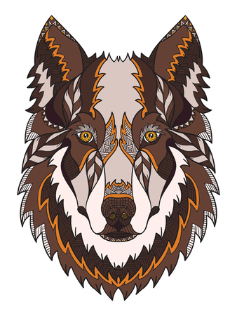 Wolf head zentangle stylized, vector, illustration, freehand pencil, hand drawn, pattern. Zen art. Ornate vector. Color illustration on white background. Print for t-shirts.のイラスト素材