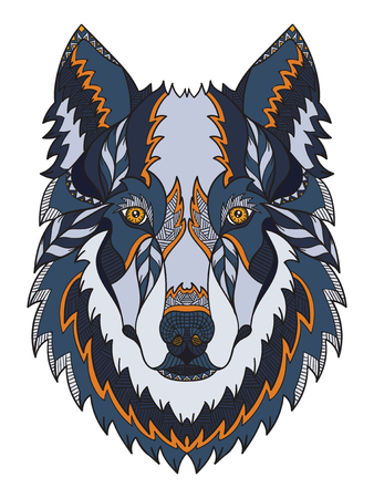 Wolf head zentangle stylized, vector, illustration, freehand pencil, hand drawn, pattern. Zen art. Ornate vector. Color illustration on white background. Print for t-shirts.のイラスト素材
