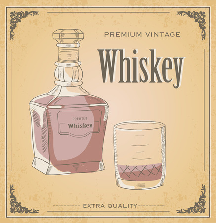 Vector illustration of Whiskey bottle and glass. Words premium vintage whiskey and extra quality. Ornament. Retro and vintage. Print for posters and bars.のイラスト素材